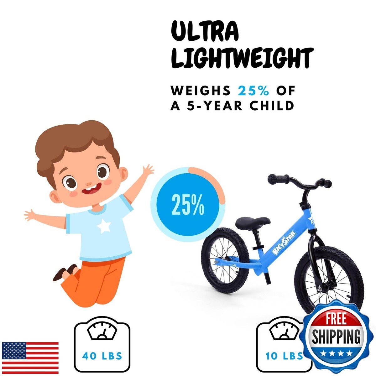 Bicystar 14 Inch Balance Bike For Kids 3-7 Year Old, Kids Bike With No Pedals, Air Rubber Tires, Adjtable Height, Foot Rest, Pedalless