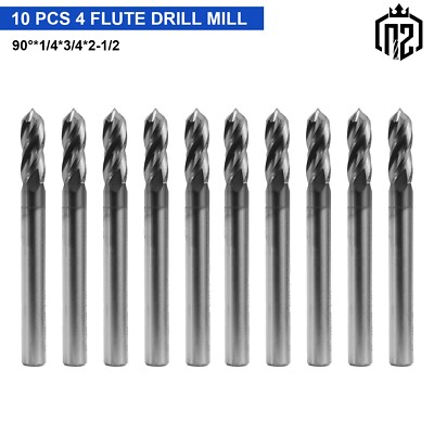 10Pcs 4 Flute 90 Degree 1/4''x3/4''x2-1/2'' Solid Carbide Drill Mill - AlTiN Coated