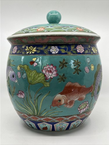 Vintage 1984 Maitland Smith handbemalt bunt 13" Koi Fisch asiatische Keramik Dose - Bild 1 von 22