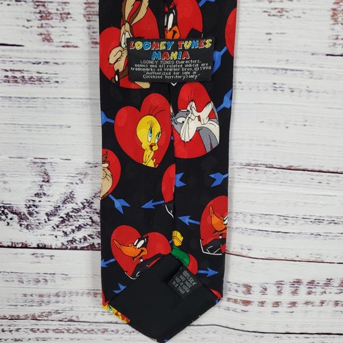 Vintage Looney Tunes Hearts Tie Hand Made Silk Black Multicolor Business - Picture 4 of 7