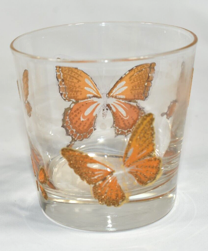 Vintage MCM Libbey Gold Orange Butterfly Set 6 Tumbler Drinking Glasses AS-IS - Picture 4 of 14