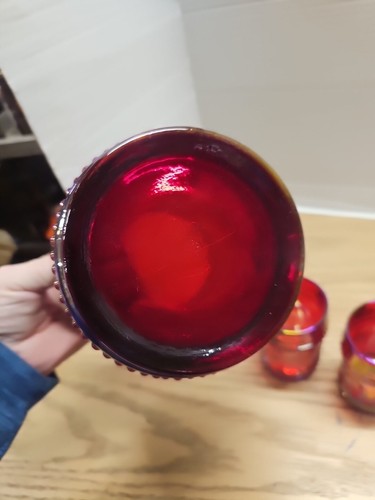 Fenton Red Carnival Water Set 100 Years Stork In Rushes Pitcher & 4 Tumblers - Picture 6 of 11