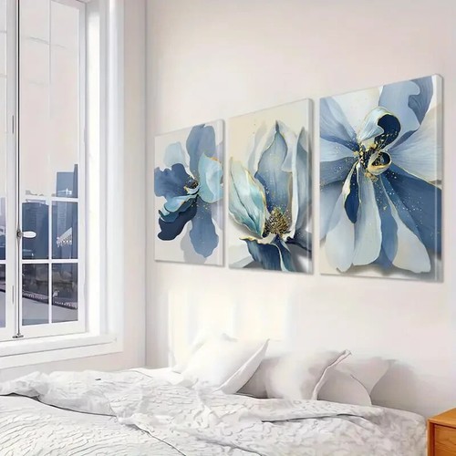 3pcs Blue Floral Canvas Wall Art Set, Modern Abstract Flower Set Canvas Unframed - Bild 2 von 9