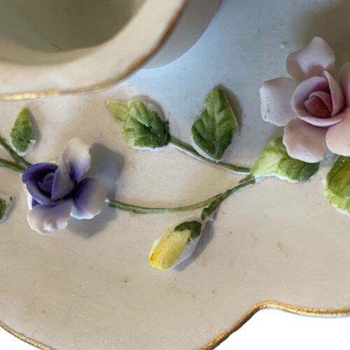 VTG 1950s Lefton Hand Painted China Saucer Candle Holder W Handle Flowers #2450 - Picture 9 of 16