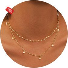 Cross Necklace for Women, Dainty14K Real Gold Silver Plated Cross Choker Pendant