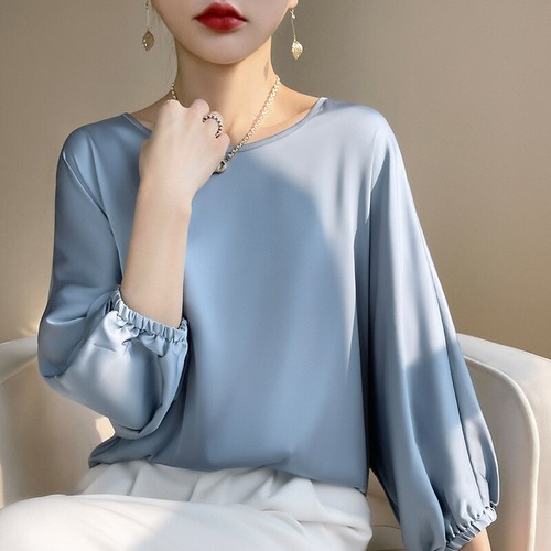 Elegante langärmelige Damen-Oberteile aus Seide Satin Shirt Rundhals Lose Pulloverbluse - Bild 4 von 18