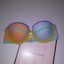 Victoria Secret Swim Suit Bikini Top 32C Animal Print Colorful Bandeau