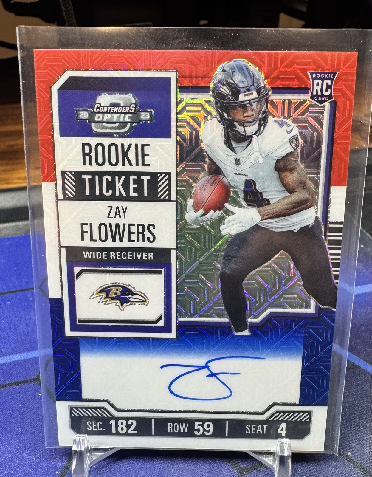 Zay Flowers RC 2023 Contenders Optic Red White Blue Prizm Rookie Ticket Auto /13