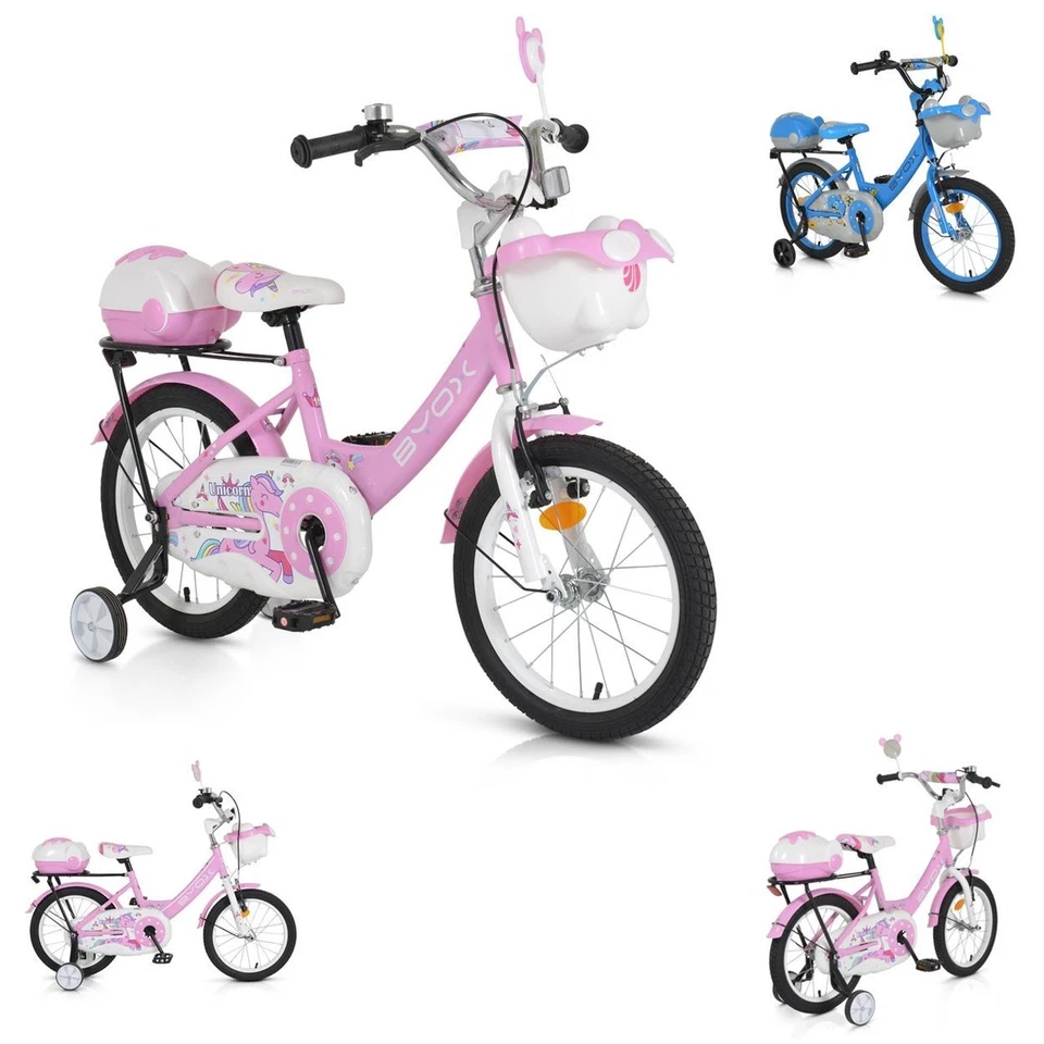Byox Kinderfahrrad 16 Zoll 1602, Stützräder, höhenverstellbar, Klingel, Körbe