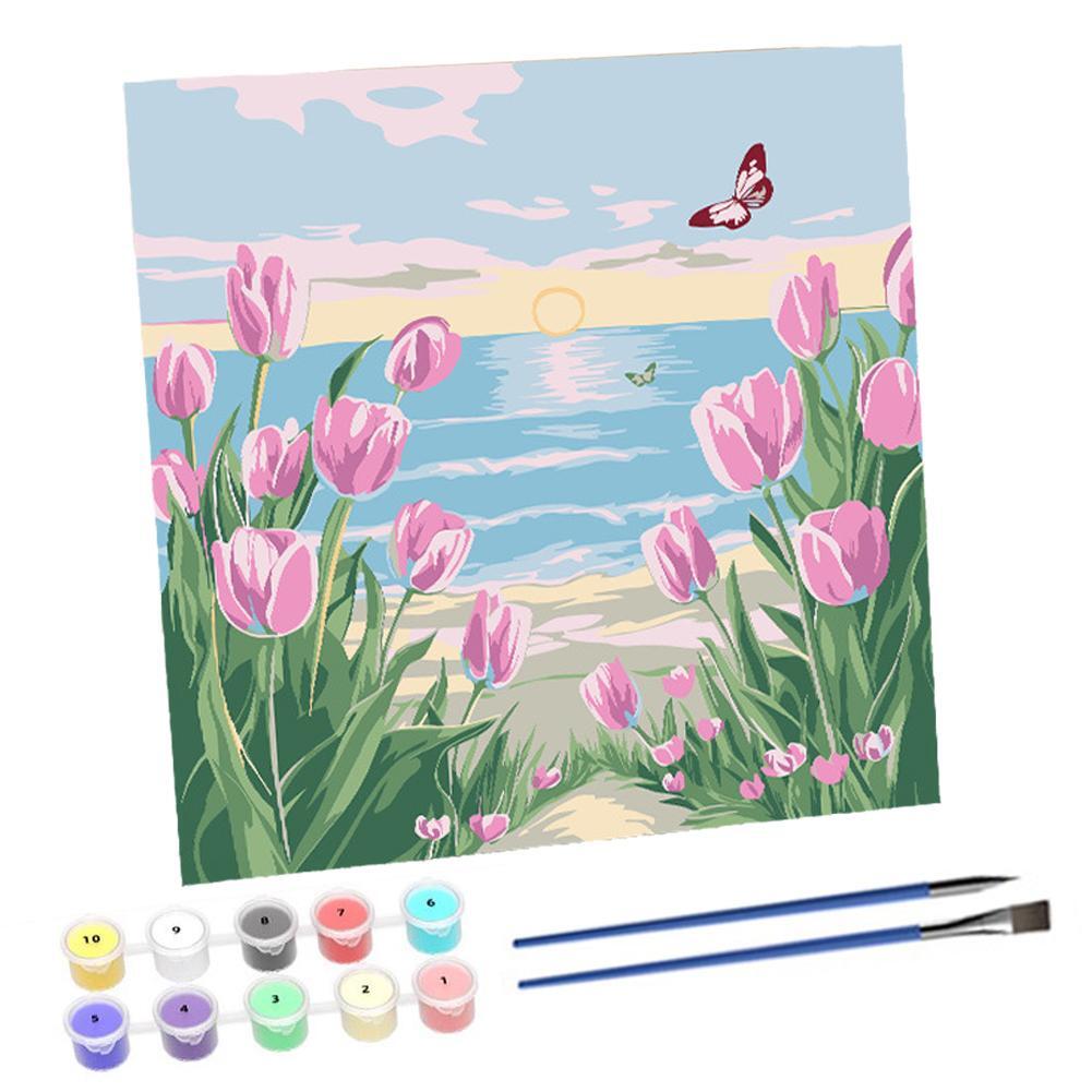 Tulip butterfly landscape flowers hand-painted DIY digital oil painting T7N7