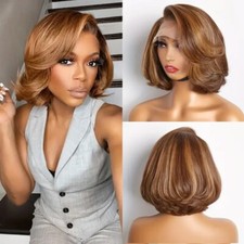 Brown Mix Blonde Bob Wig Layered Cut 200 Density Human Hair 13x4 Lace Front Wig