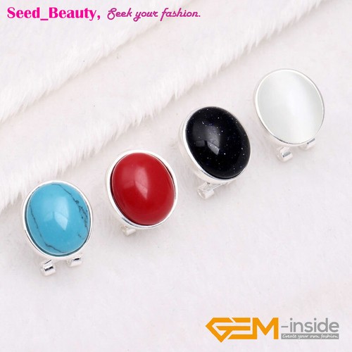S925 Silver Assorted Gemstones Clip-On Stud Earrings Oval Beads Jewelry Gift - Picture 2 of 25