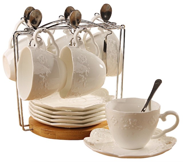 Porcelain Tea Cup Saucer Coffee Set W Spoon Of 6 Si Bfly White Ebay Porcelain Tea Cup And Saucer Coffee Set With Spoon Of 6