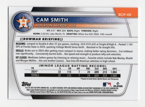 2025 Bowman Chrome #BCP-48 Cam Smith Fuchsia Wave Refractor /199 Houston Astros - 第 2/2 張圖片