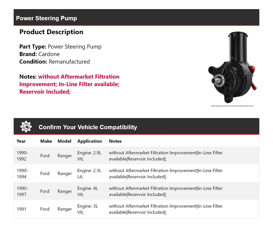 Bomba de direção hidráulica Cardone 1991 1992 1993 1994 1995 Ford Ranger 1990-1997 - Imagem 2 de 4