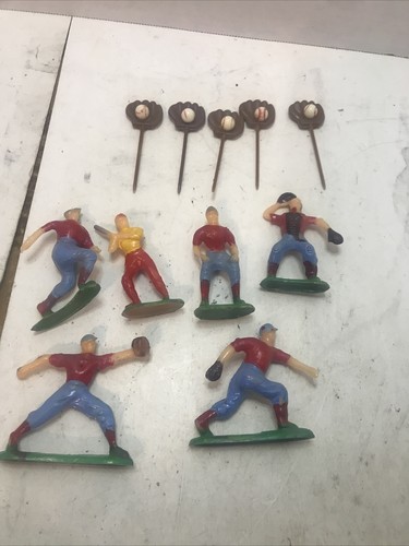 Vintage Baseball Players Cake Toppers Lot of 6 Hard Plastic 5 Gloves With Ball