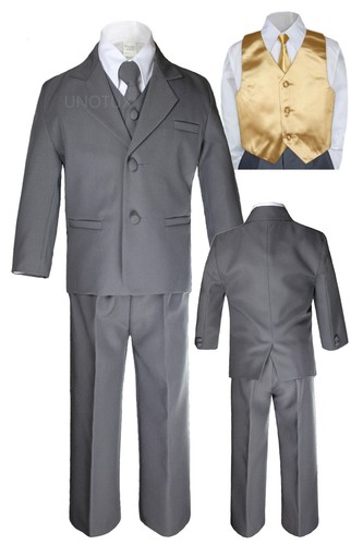 7pc Boys Teens Kids Formal Wedding Tuxedo Dark Gray Suits Vest Necktie Sets 5-20 - Picture 18 of 28
