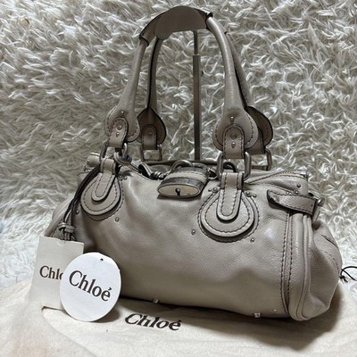 Chloe Paddington Gray Beige Leather Handbag Silver Padlock Satchel