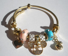 DISNEY CHARM BANGLE BRACELET Goldtone Rhinestone Beaded MINNIE MOUSE