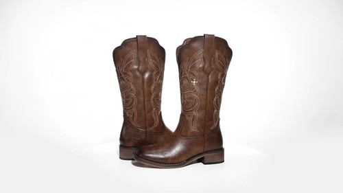 Rollda Women Cowgirl Boots Western Cowboy Riding Boots Square Toe Mid Calf Boots - Video 1 of 1