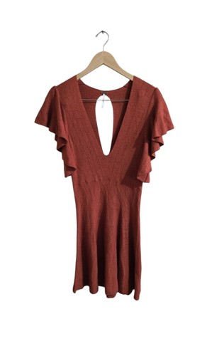 Free People V-Neck Cozy Nights Mini Sweater Dress In Burnt Orange. Size Small - Picture 3 of 10