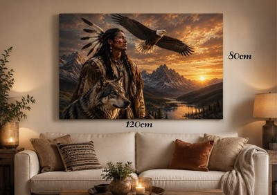 Indianer mit Adler und Wolf Leinwandbild   Native American Wandbild   Krafttier