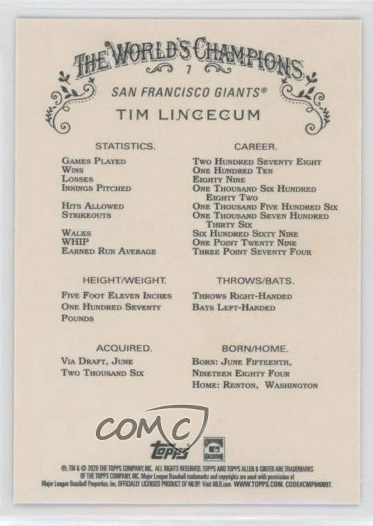 2020 Topps Allen & Ginter's X Tim Lincecum #7 - Image 2 of 2