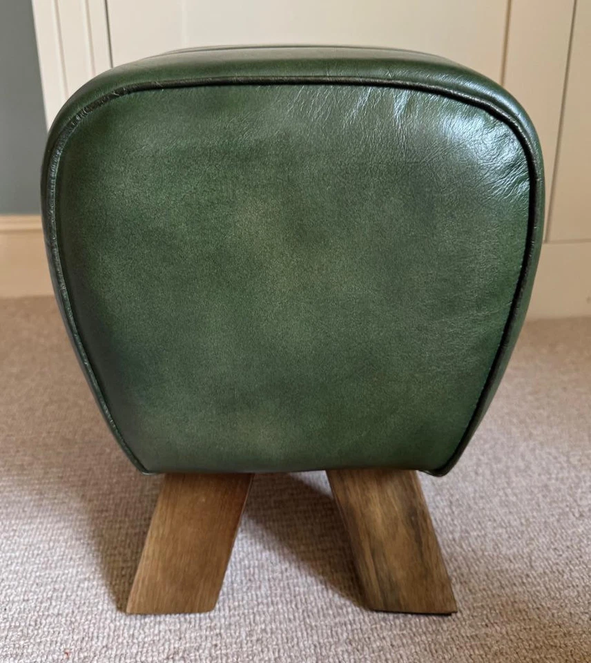 Green Leather Stool / Footstool Wood Legs Pommel Horse Style Retro Vintage - Image 4 of 4