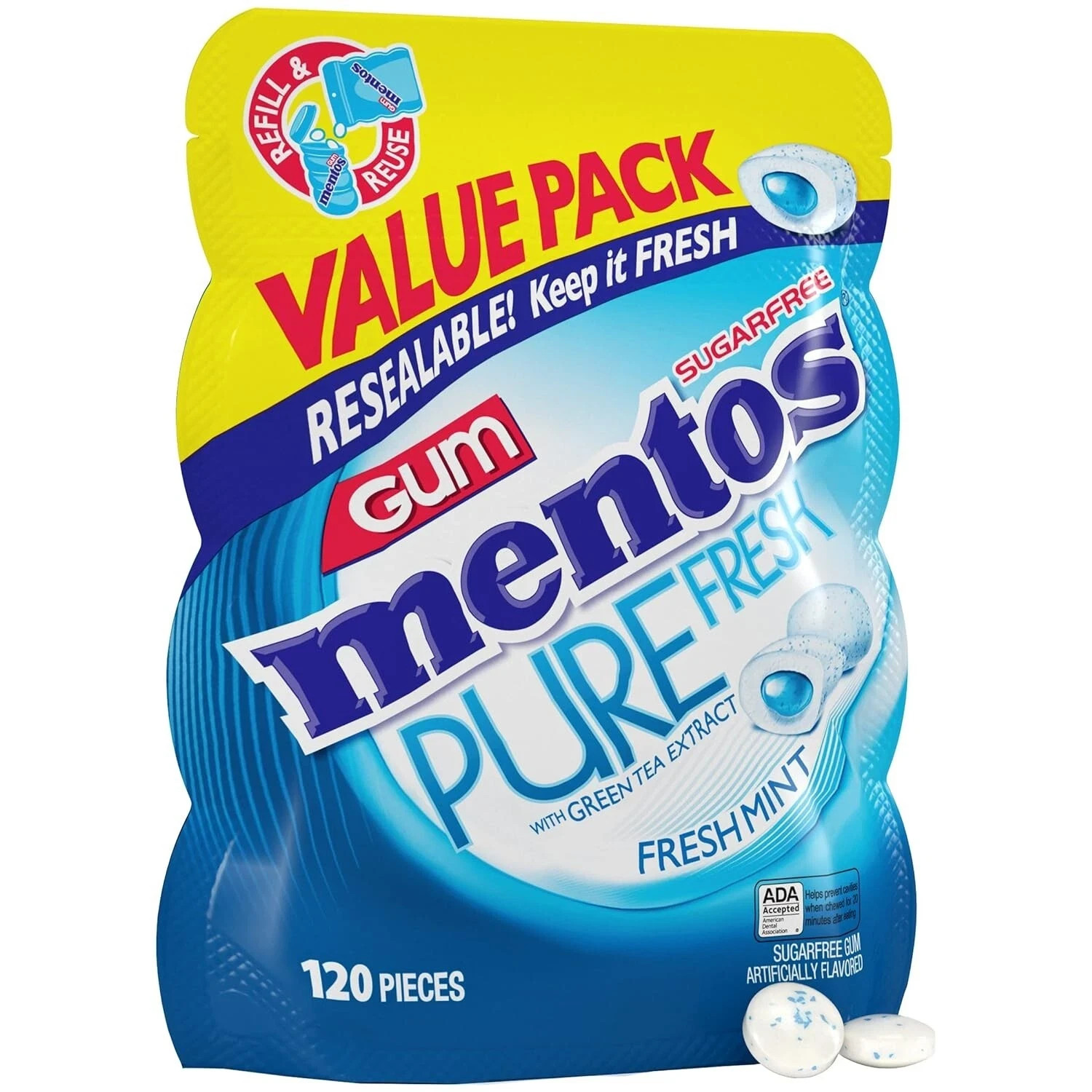 Mentos Pure Fresh Sugar-Free Chewing Gum with Xylitol, Fresh Mint, 120 Piece Bul