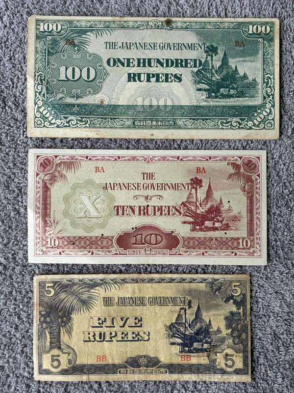 3~RARE & HISTORIC WWII JAPANESE ISSUED NOTES~OCCUPIED BURMA~5, 10 & 100 RUPEES