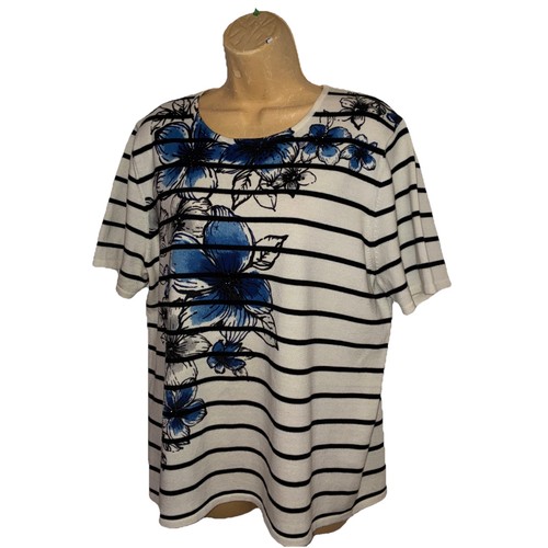 Alfred Dunner Top Size L Floral Short Sleeves Striped Cotton/Acrylic Rhinestones - Picture 6 of 12