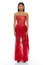 Be Mine Draped Lace Maxi Dress(Red)-Fashion Nova|54815