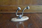 Vintage Porcelain & Brass Single Coat & Hat Hook Mounted on Solid Wood 6" x 3"