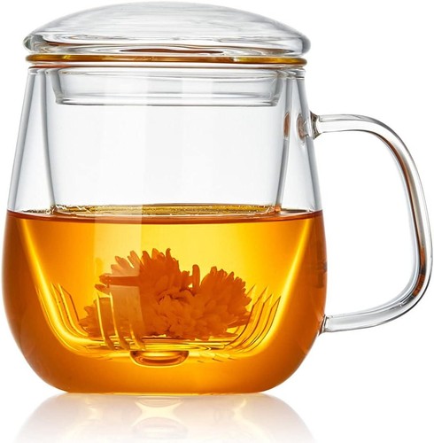 Glas Teetasse mit Teeei und Deckel, 17,6oz/520ml große Borosilikat Teetasse, Tee - - Bild 11 von 12