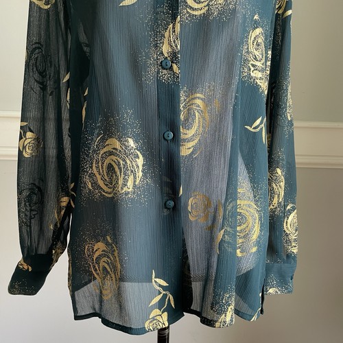 Green Gold Roses Sheer Button Down Blouse Apparenza Size Small Vintage Y2K - Picture 3 of 10