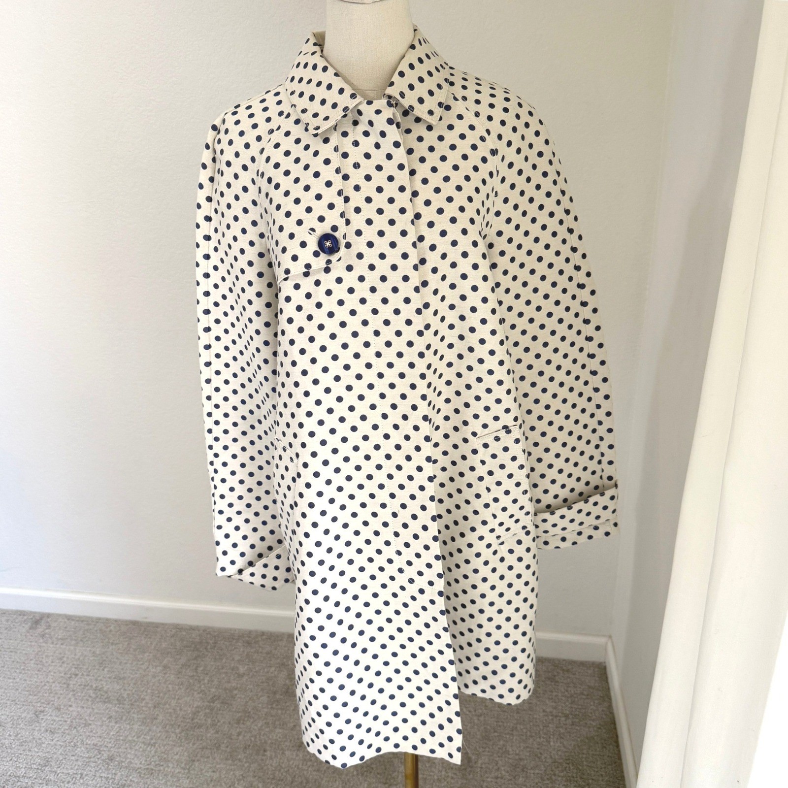 Tommy Hilfiger Polka Dot Trench Car Coat Navy Large Preppy Nautical Retro Mod