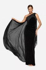 XSCAPE  One Shoulder Velvet Gown Black Bow sz 16 Ruched Slimming Slit Prom Gala 