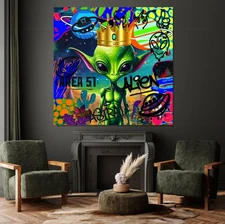 Cosmic Alien King Graffiti Street Art Stretched Canvas - Galaxy Urban Wall Art