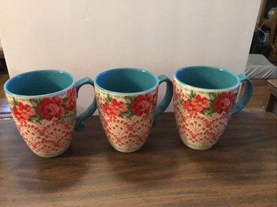 Set of 3 Pioneer Woman 28 Oz Jumbo Stoneware Vintage Floral Mugs Latte Coffee
