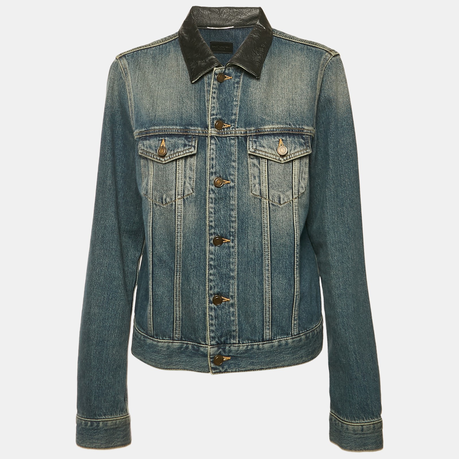 Giacca Saint Laurent blu denim lavato colletto pelle bordata L
