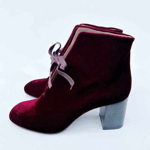 New Coclico Velvet Block Heel Round Toe Bow Ankle Boots Red 6.5 Burgundy 37 - Picture 4 of 12