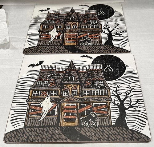2 Pottery Barn Halloween Haunted House Cork Back  Placemats Ghost Bat Black Cat - Picture 1 of 12