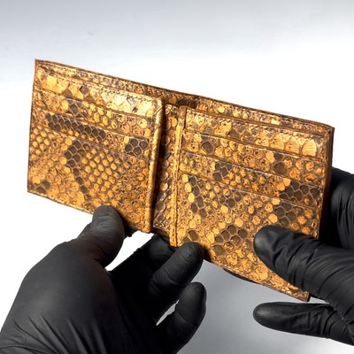 Burnt Orange full python luxury mens bifold wallet, handmade in the USA