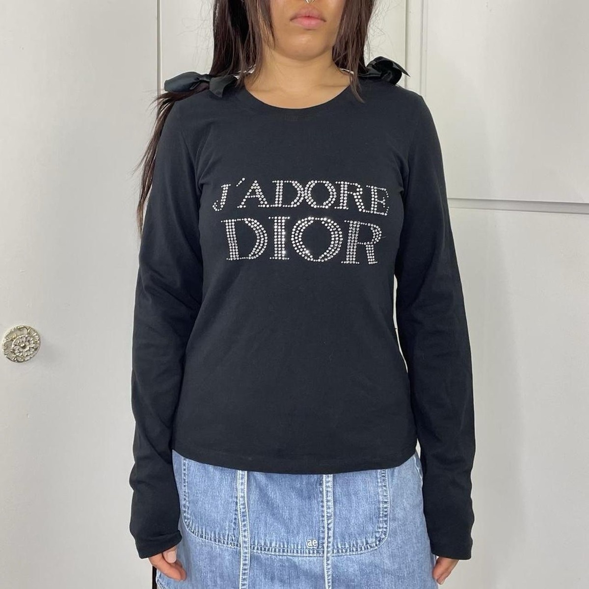 Vintage J'Adore Dior Long Sleeve Black Tee Shirt Size US 12 XL