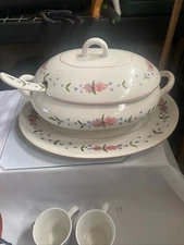 Vintage Tureen, Lid, Ladle, Underplate. Hand painted Portugal