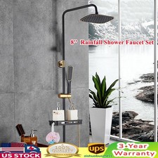 8'' Black Bathroom Rainfall Shower Faucet Set Tub Mixer Tap with Hand Spray