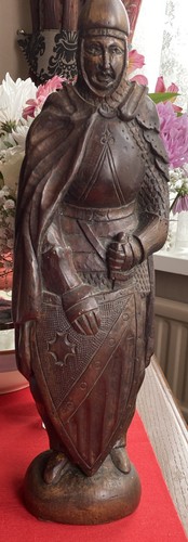 Vintage Ritter Holz geschnitzt große Belgien Figur 18" hoher Schild Schwert