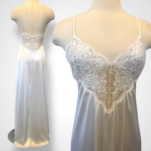80s Victoria’s Secret Silky Nylon White Lace Vintage Bridal Maxi Gown Slip Dress - Picture 1 of 9