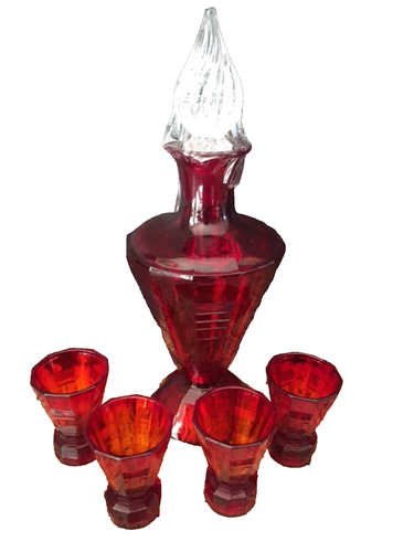 RARE FENTON 1960’S "FRANKLIN" RUBY RED GLASS DECANTER SET 4 SHOT GLASSES #1935 - Picture 4 of 6