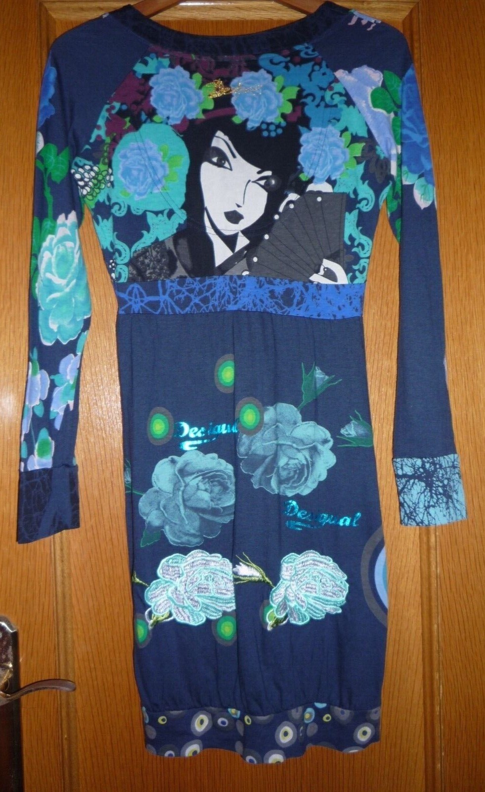 Vestido Desigual Manga Larga Talla M Azul Verde Japón Abanico Flor Bola Burbuja